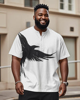 Men's Plus Size Daily Casual Black And White Bird Print Henry Collar Button Short Sleeve T-Shirt